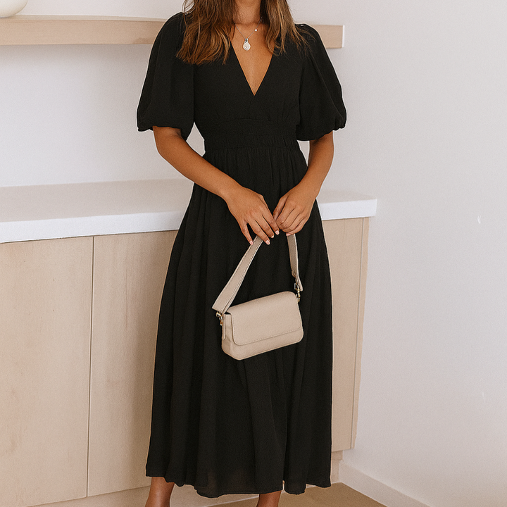 Women’s V Neck Midi Dress with Elastic Waist