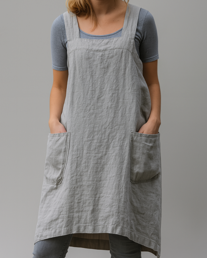Women’s Cotton Linen Apron Style Dress with Pockets
