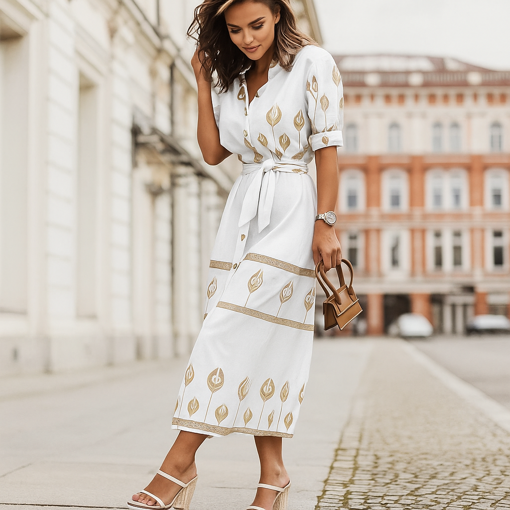 Belted Linen Blend Casual Dress