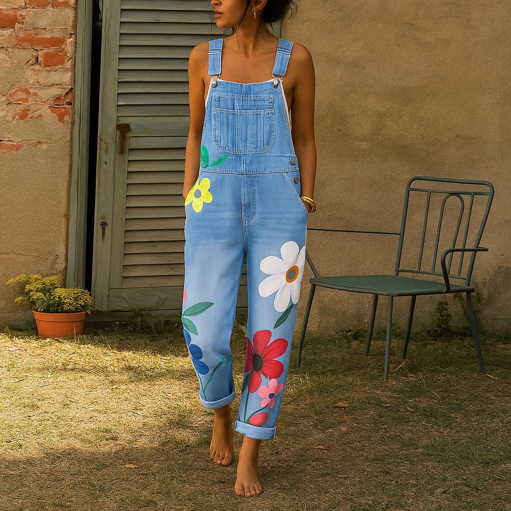 Stylish Denim Jumpsuit with Floral Pattern