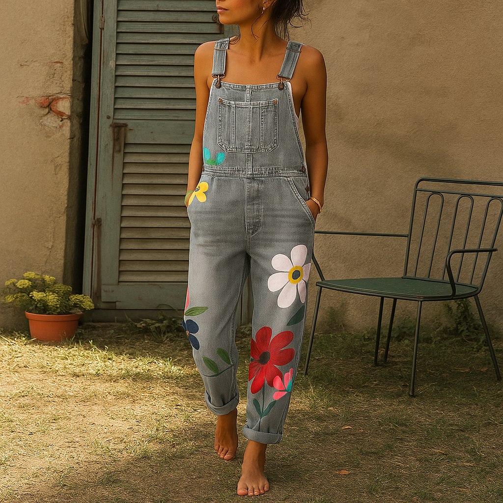 Stylish Denim Jumpsuit with Floral Pattern
