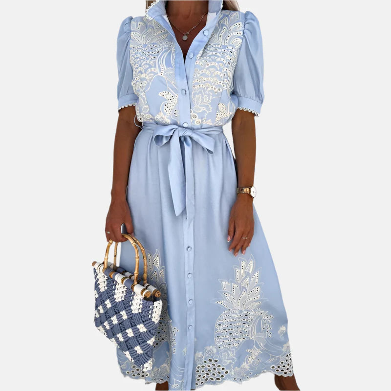 Women’s Embroidered Blue Dress with Elegant Detailing