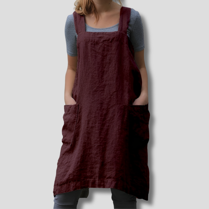 Women’s Cotton Linen Apron Style Dress with Pockets